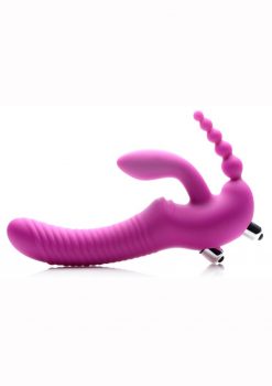 Strap U Real Rider Silicone Vibrating Strapless Strap On Triple G Dildo With 2 Bullets Waterproof Pink 9 Inches