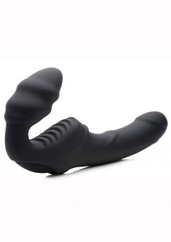 Strap U Slim Rider Silicone Ribbed Vibrating Strapless Strap On USB Rechargeable Waterproof Black 8.5 Inches