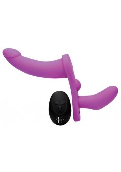 Strap U Double Take Vibrating Adjustable Strap On Silicone Rechargeable Waterproof  Purple