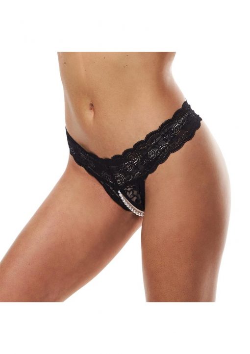 Secret Kisses Lace and Pearls Crotchless Thong Medium-Large Black