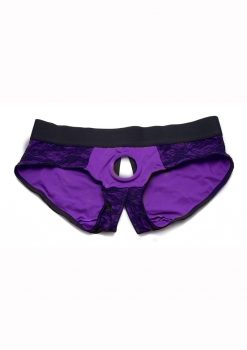 Strap U Lace Envy Lace Crotchless Panty Harness - Large/XLarge - Purple/Black