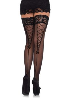 Leg Avenue Stay Up Lace Top Sheer Thigh Highs with Faux Lace Up Backseam - O/S - Black