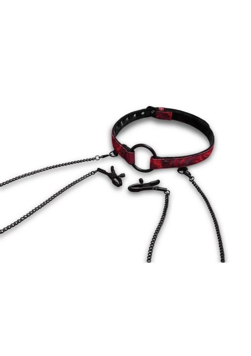 Secret Kisses Rosegasm Open Mouth Gag with Nipple Clips and Satin Blindfold - Red/Black