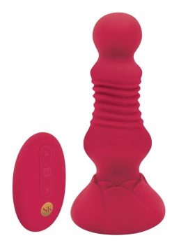 Secret Kisses Remote Control Thrusting Rechargeable Silicone Rosebud Buttplug - Red